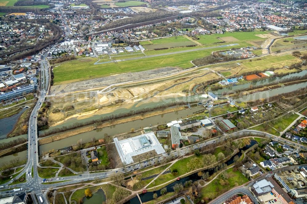 Aerial image Hamm - Construction site for the laying of a flood protection dam on the Lippe on Jupp-Eickhoff-Weg in the district Heessen in Hamm in the Ruhr area in the state North Rhine-Westphalia, Germany