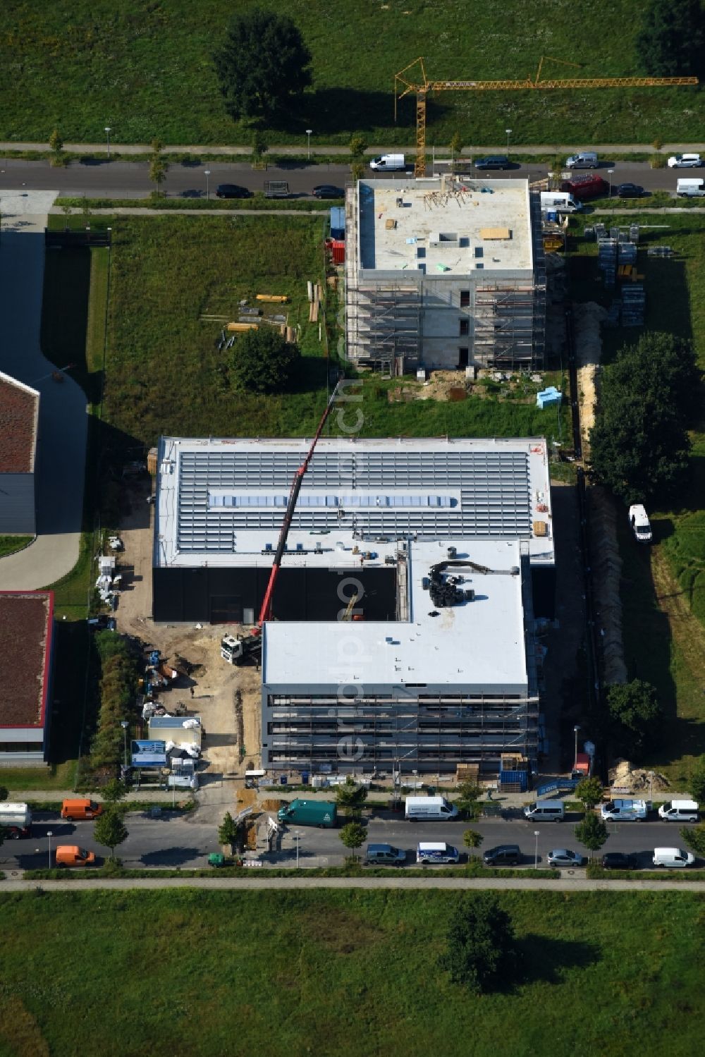 Berlin from above - New building construction site in the industrial park on Barbara-McClintock-Strasse corner Herrmann-Dorner-Allee in Berlin, Germany