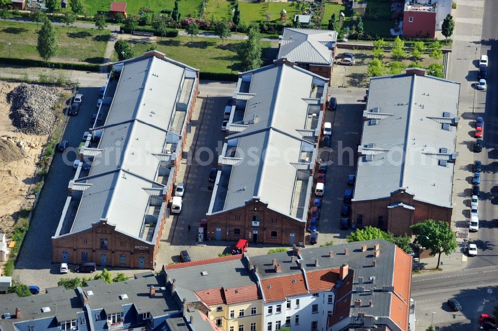 Berlin from the bird's eye view: New building construction site in the industrial park in Entwicklungsgebiet Alter Schlachthof on Eldenaer Strasse - Pettenkofer Dreieck in the district Friedrichshain in Berlin, Germany