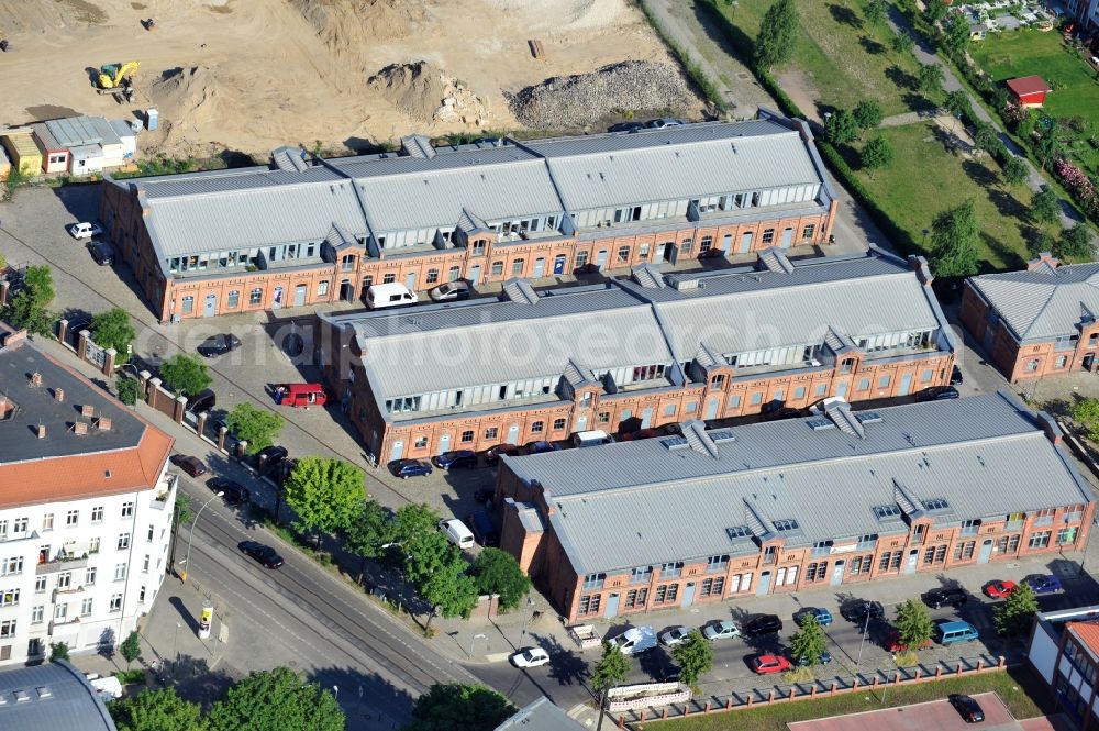 Aerial image Berlin - New building construction site in the industrial park in Entwicklungsgebiet Alter Schlachthof on Eldenaer Strasse - Pettenkofer Dreieck in the district Friedrichshain in Berlin, Germany