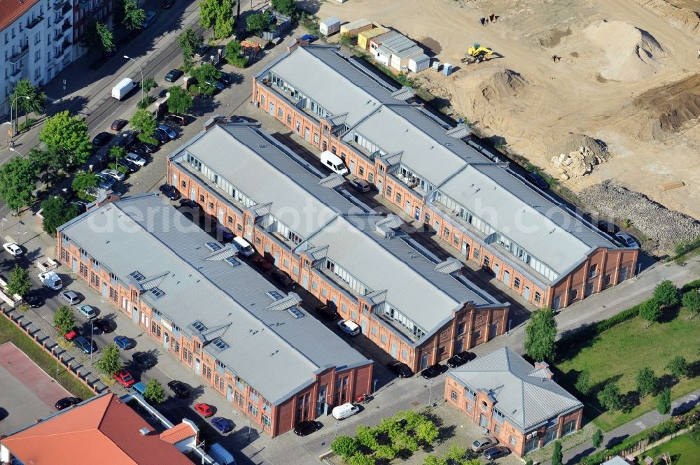 Berlin from above - New building construction site in the industrial park in Entwicklungsgebiet Alter Schlachthof on Eldenaer Strasse - Pettenkofer Dreieck in the district Friedrichshain in Berlin, Germany