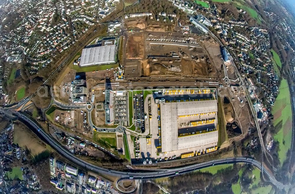 Bochum from above - new building construction site in the industrial park Entwicklungsgebiet MARK 51A?7 overlooking demolition work on the site of the industrial ruins at Opelring in the district Laer in Bochum at Ruhrgebiet in the state North Rhine-Westphalia, Germany