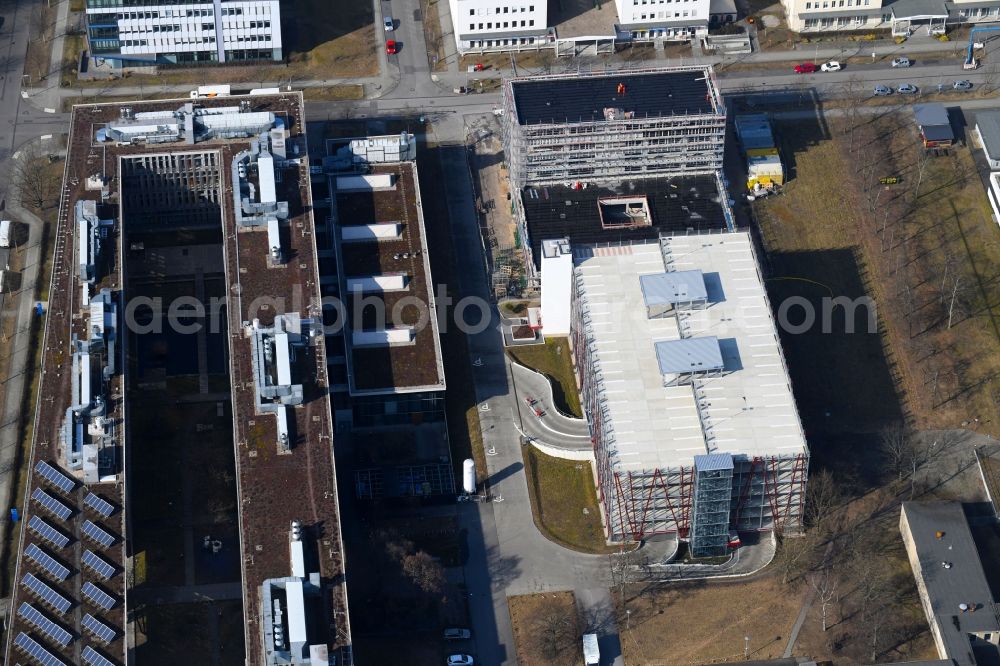 Berlin from above - New building construction site in the industrial park on EUROPA-CENTER Parkhaus Berlin on Albert-Einstein-Strasse in the district Adlershof in Berlin, Germany