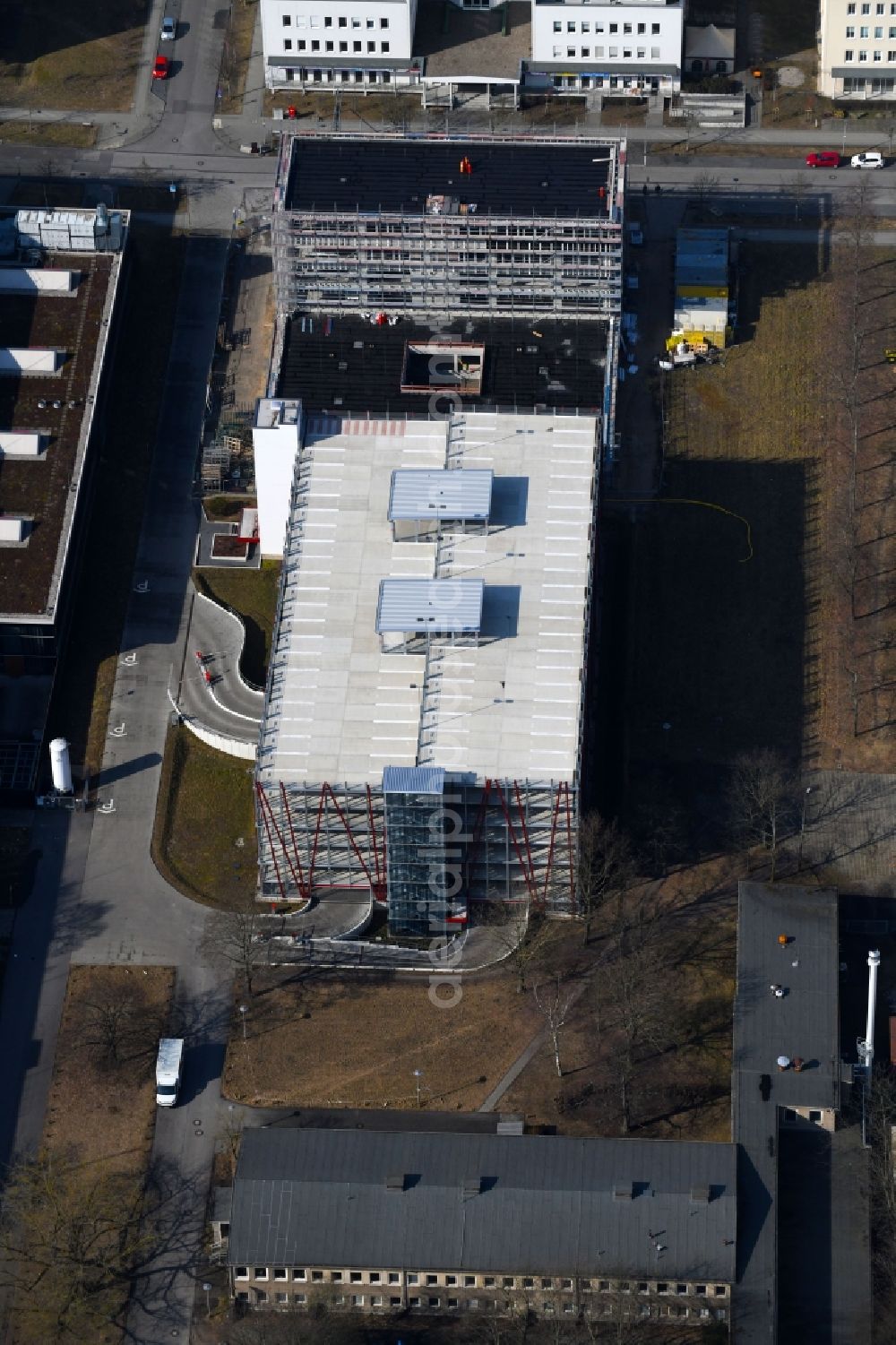 Aerial image Berlin - New building construction site in the industrial park on EUROPA-CENTER Parkhaus Berlin on Albert-Einstein-Strasse in the district Adlershof in Berlin, Germany