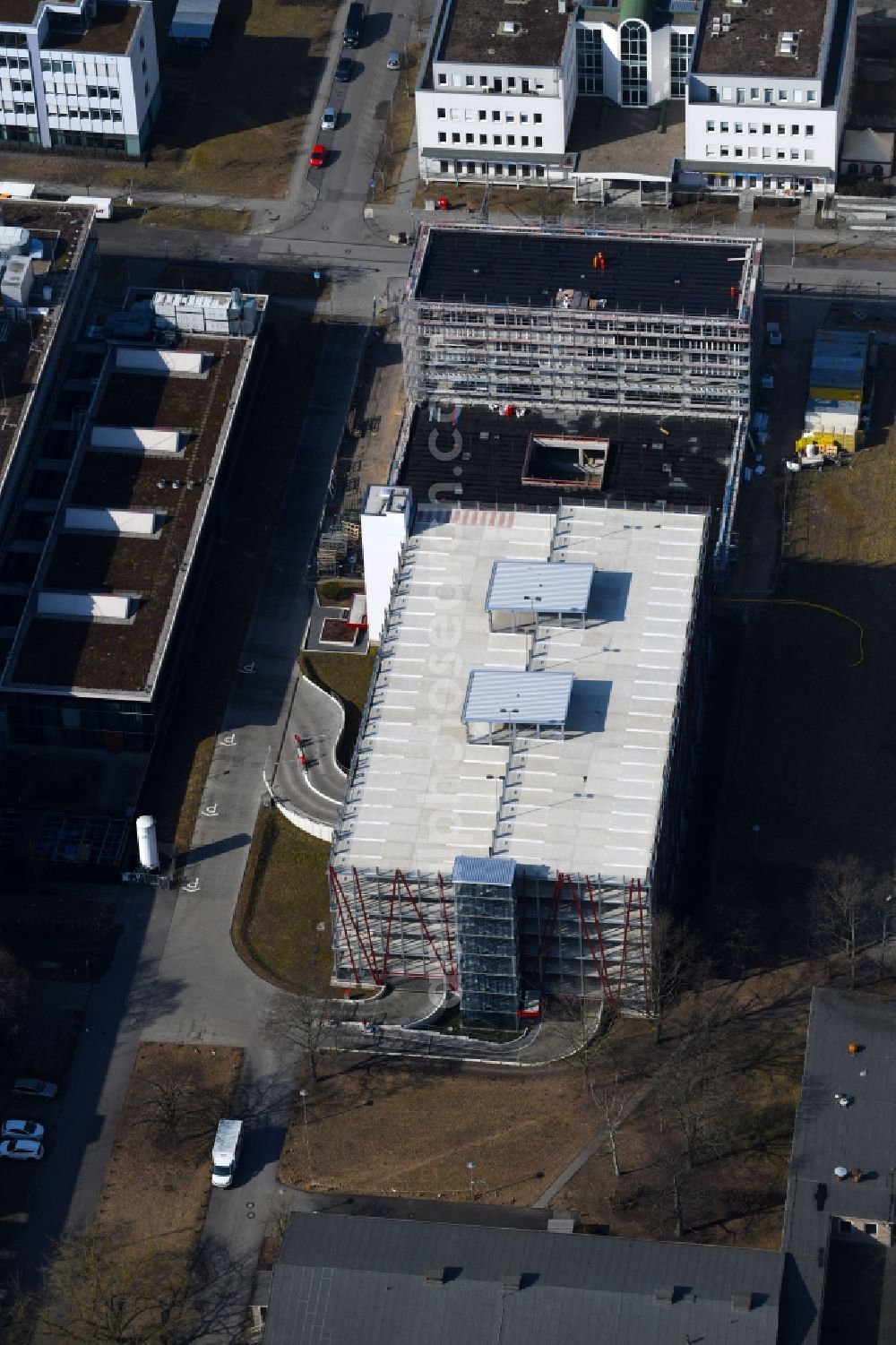 Aerial photograph Berlin - New building construction site in the industrial park on EUROPA-CENTER Parkhaus Berlin on Albert-Einstein-Strasse in the district Adlershof in Berlin, Germany