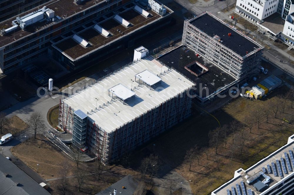 Berlin from the bird's eye view: New building construction site in the industrial park on EUROPA-CENTER Parkhaus Berlin on Albert-Einstein-Strasse in the district Adlershof in Berlin, Germany