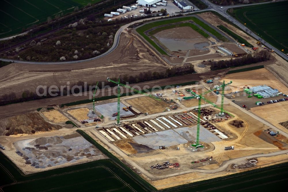 Seehausen from the bird's eye view: New building construction site in the industrial park Industriegebiet Seehausen II an der Bundesstrasse 184 in Seehausen in the state Saxony, Germany