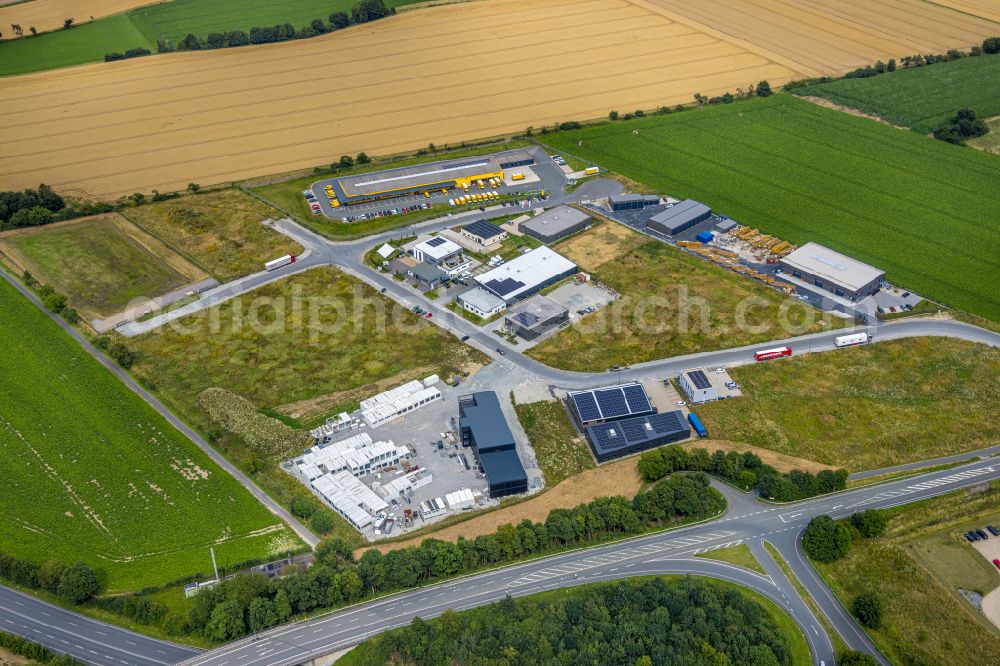 Soest from above - New building construction site in the industrial park of Industriegebiet Wasserfuhr along the Opmuender Weg and the B475 in Soest in the state North Rhine-Westphalia, Germany