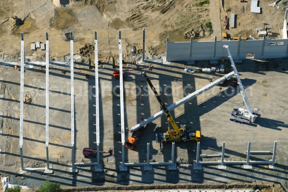 Hoppegarten from above - New building construction site in the industrial park Industriestrasse - Alter Feldweg of Firma coolback GmbH in the district Dahlwitz-Hoppegarten in Hoppegarten in the state Brandenburg, Germany