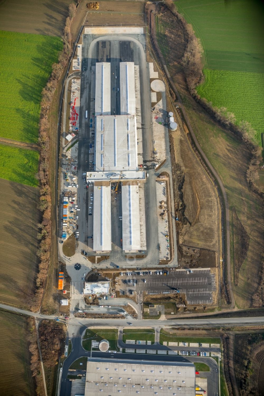 Hamm from the bird's eye view: New building construction site in the industrial park InlogParc in the district Westerboenen in Hamm in the state North Rhine-Westphalia, Germany