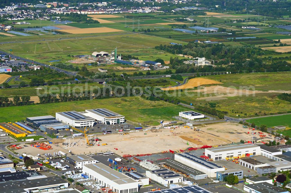 Hersel from above - New building construction site in the industrial park Panattoni Park Bonn Nord on street Mainstrasse in Hersel in the state North Rhine-Westphalia, Germany