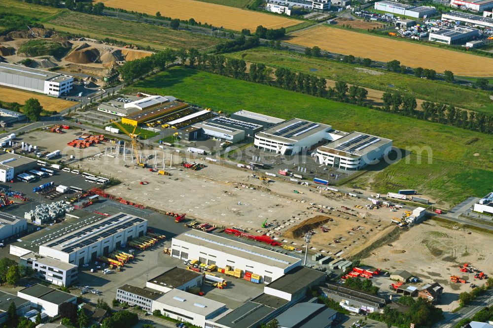 Hersel from the bird's eye view: New building construction site in the industrial park Panattoni Park Bonn Nord on street Mainstrasse in Hersel in the state North Rhine-Westphalia, Germany