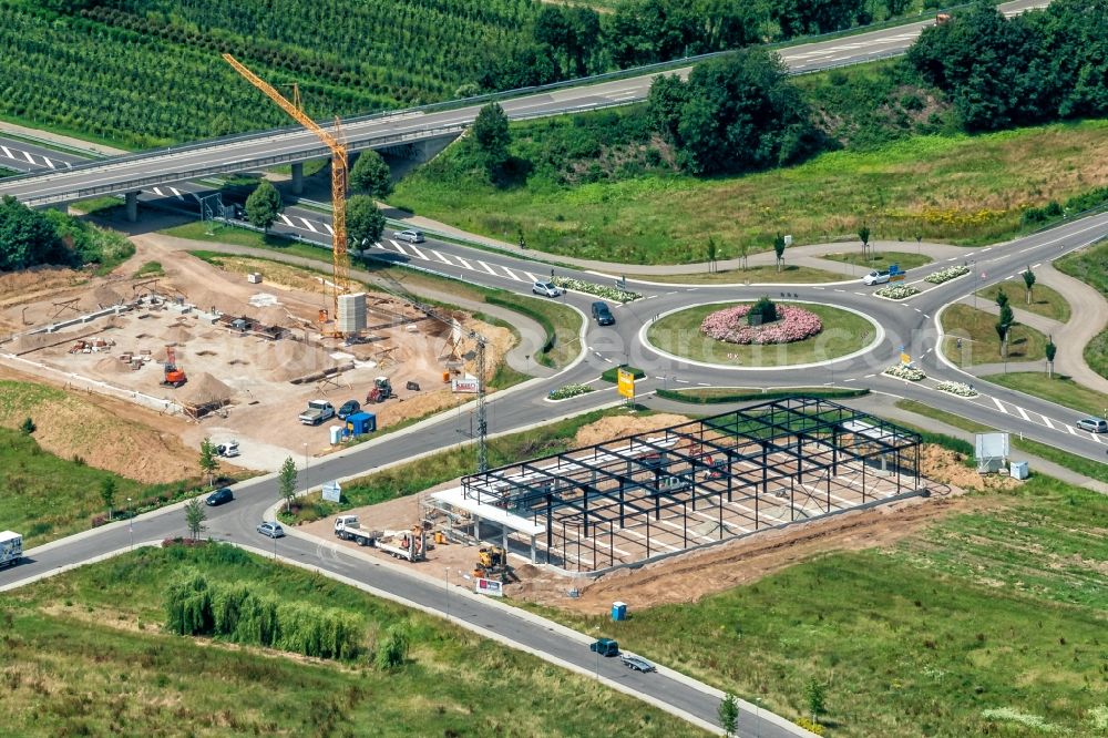 Ettenheim from above - New building construction site in the industrial park Radackern along the Bundesstrasse 3 in Ettenheim in the state Baden-Wurttemberg, Germany