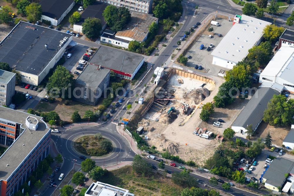 Aerial image Teltow - New building construction site in the industrial park Rheinstrasse corner Neissestrasse in Teltow in the state Brandenburg, Germany