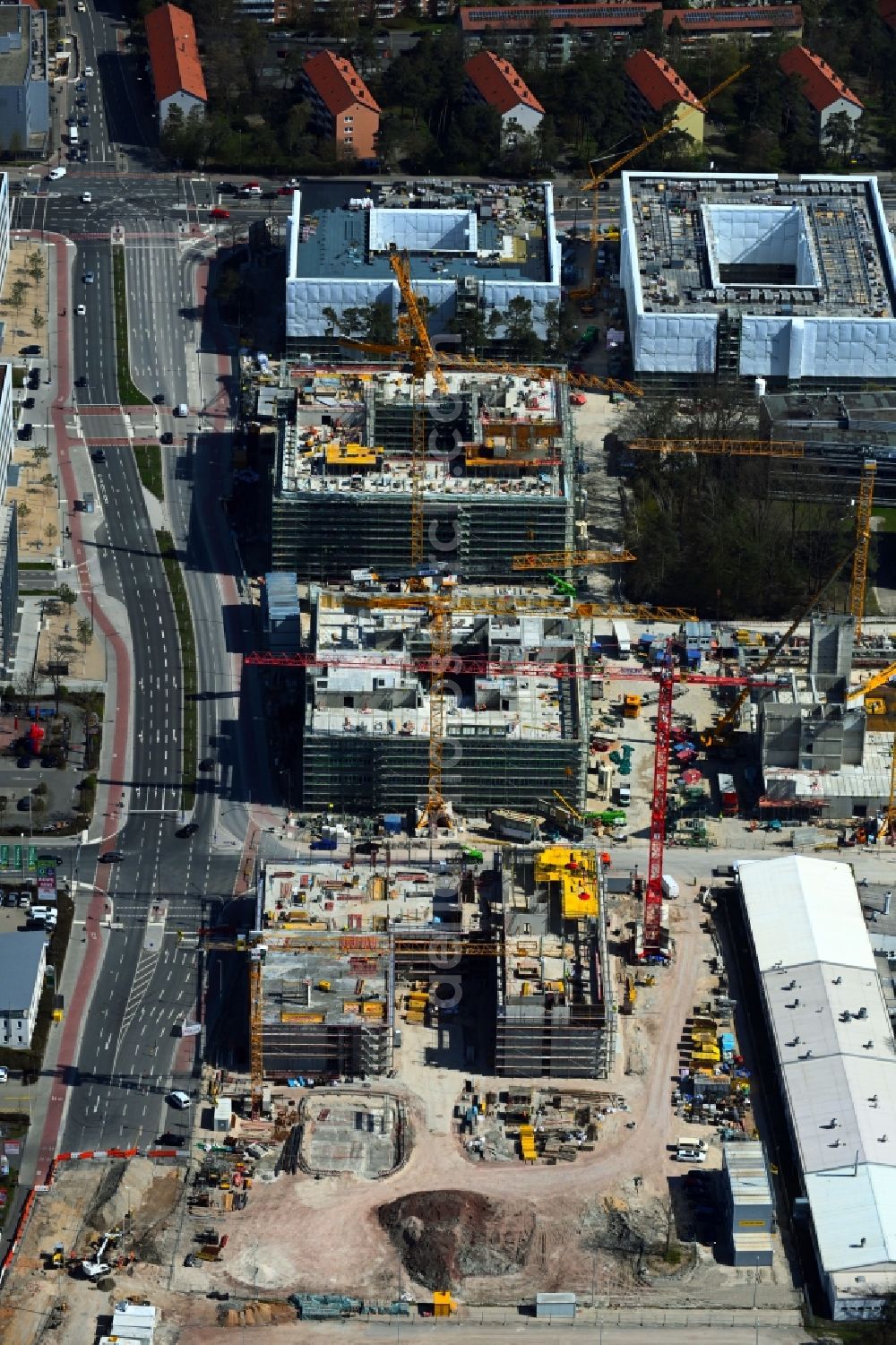 Erlangen from the bird's eye view: New building construction site in the industrial park Siemens- Campus in the district Bruck in Erlangen in the state Bavaria, Germany