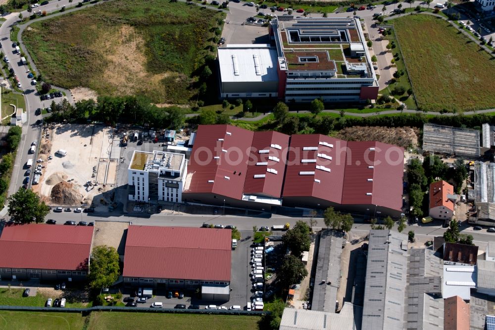 Schwabach from above - New building construction site in the industrial park Wiesenstrasse next to the new office building of the RI Immobilienvermittlungs GmbH Roth-Schwabach along the Wiesenstrasse in Schwabach in the state Bavaria, Germany