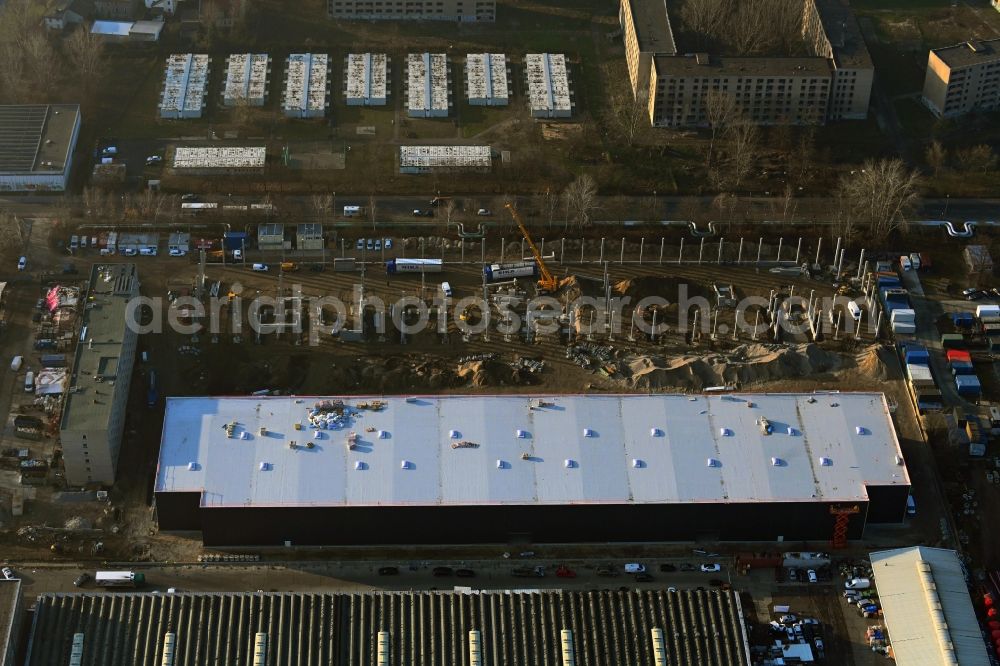 Aerial image Berlin - New building construction site in the industrial park Wollenberger Strasse in the district Hohenschoenhausen in Berlin, Germany