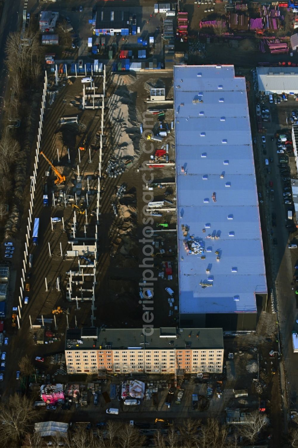 Berlin from above - New building construction site in the industrial park Wollenberger Strasse in the district Hohenschoenhausen in Berlin, Germany