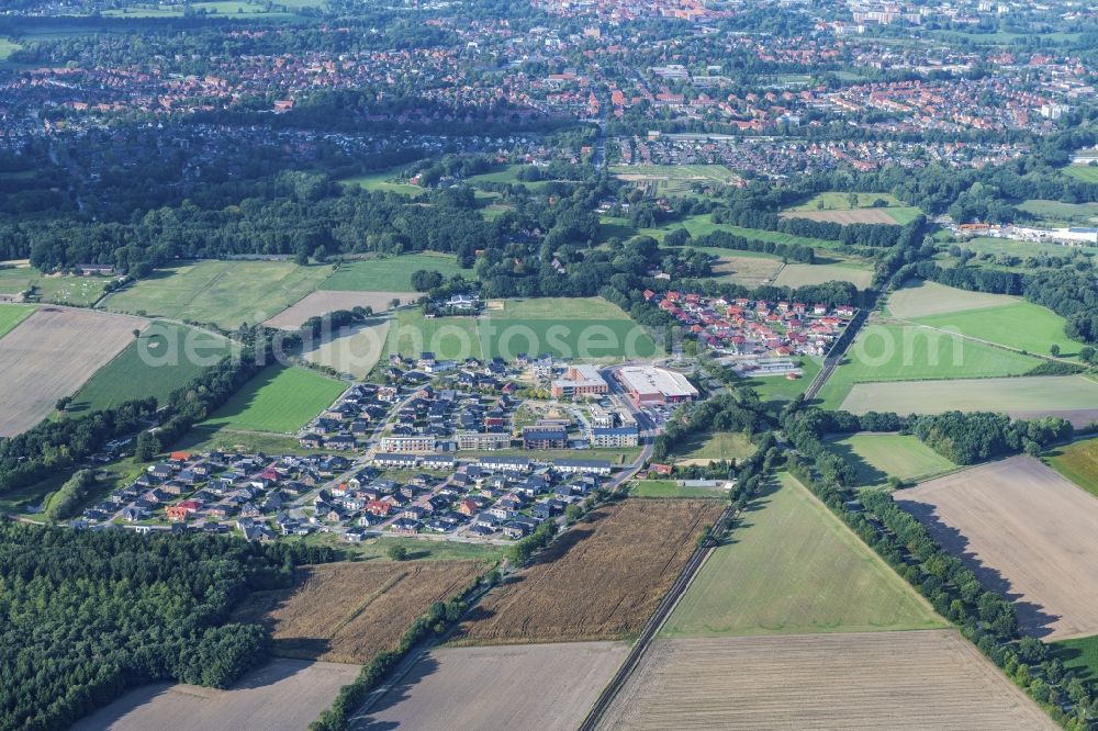 Stade from above - New construction site Heideiedlung Campus with school complex and gym Riensfoerde in Stade in the state of Lower Saxony, Germany