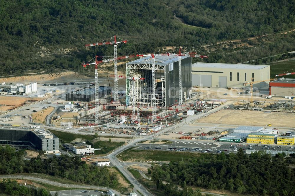 Aerial image Saint-Paul-lez-Durance - Construction site of Building remains of the reactor units and facilities of the NPP nuclear power plant institut CEA Cadarache in Saint-Paul-lez-Durance in Provence-Alpes-Cote d'Azur, France