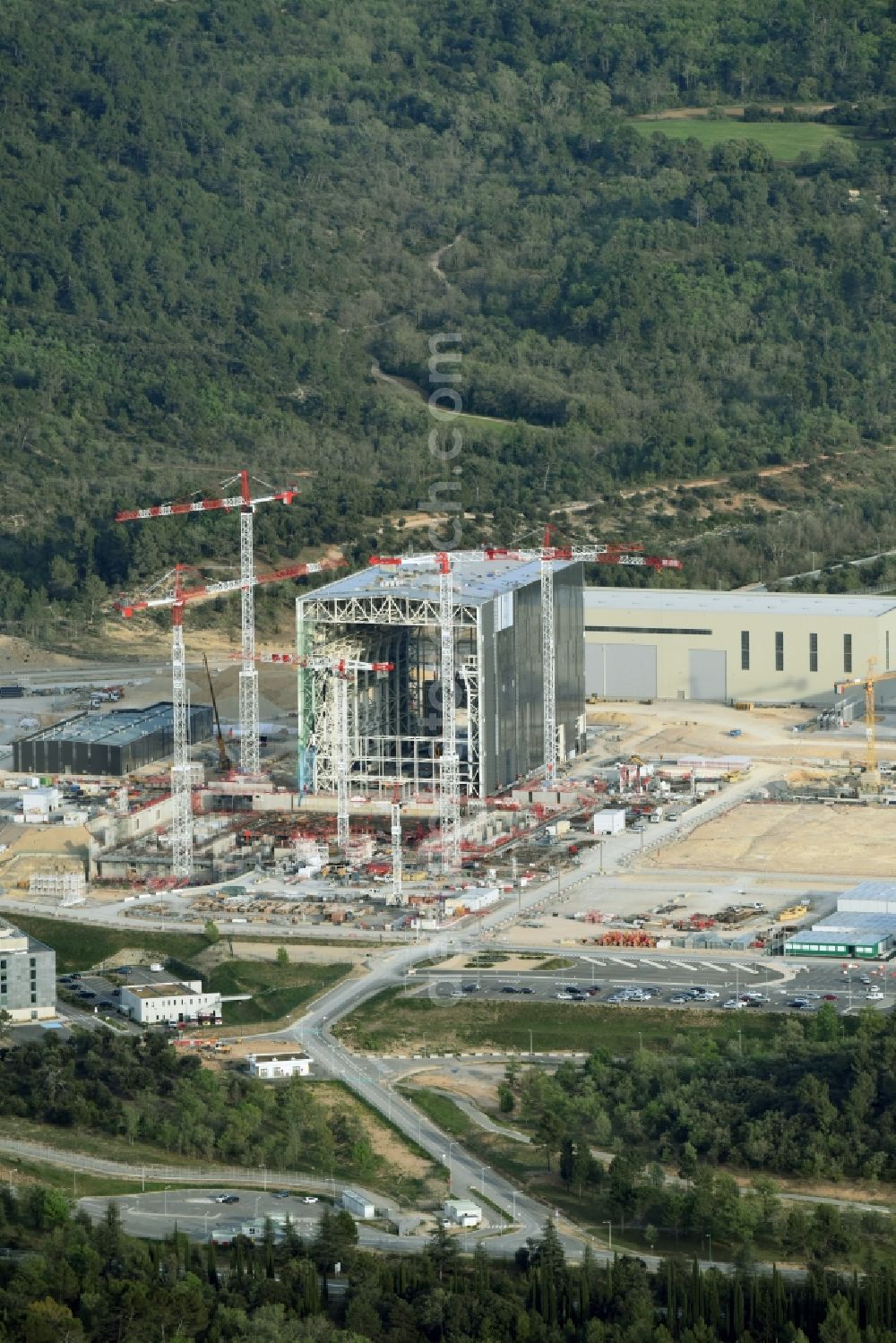 Aerial image Saint-Paul-lez-Durance - Construction site of Building remains of the reactor units and facilities of the NPP nuclear power plant institut CEA Cadarache in Saint-Paul-lez-Durance in Provence-Alpes-Cote d'Azur, France