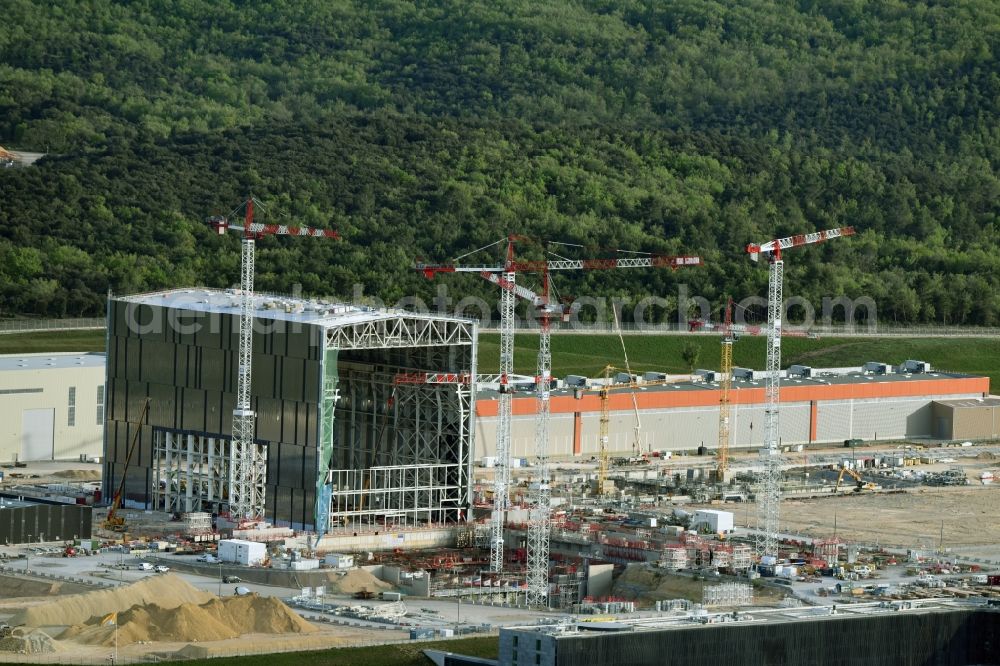 Saint-Paul-lez-Durance from above - Construction site of Building remains of the reactor units and facilities of the NPP nuclear power plant institut CEA Cadarache in Saint-Paul-lez-Durance in Provence-Alpes-Cote d'Azur, France