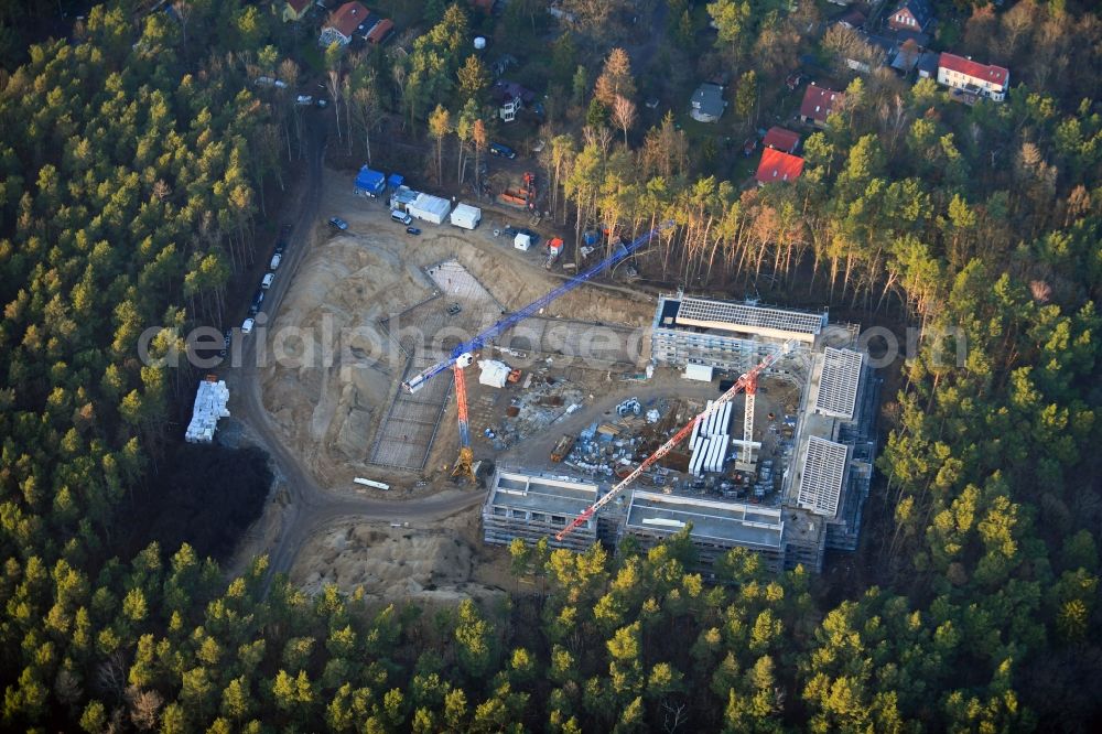 Strausberg from the bird's eye view: New construction site for a rehabilitation center of the rehabilitation clinic on Umgehungsstrasse - Amselweg in Strausberg in the state Brandenburg, Germany