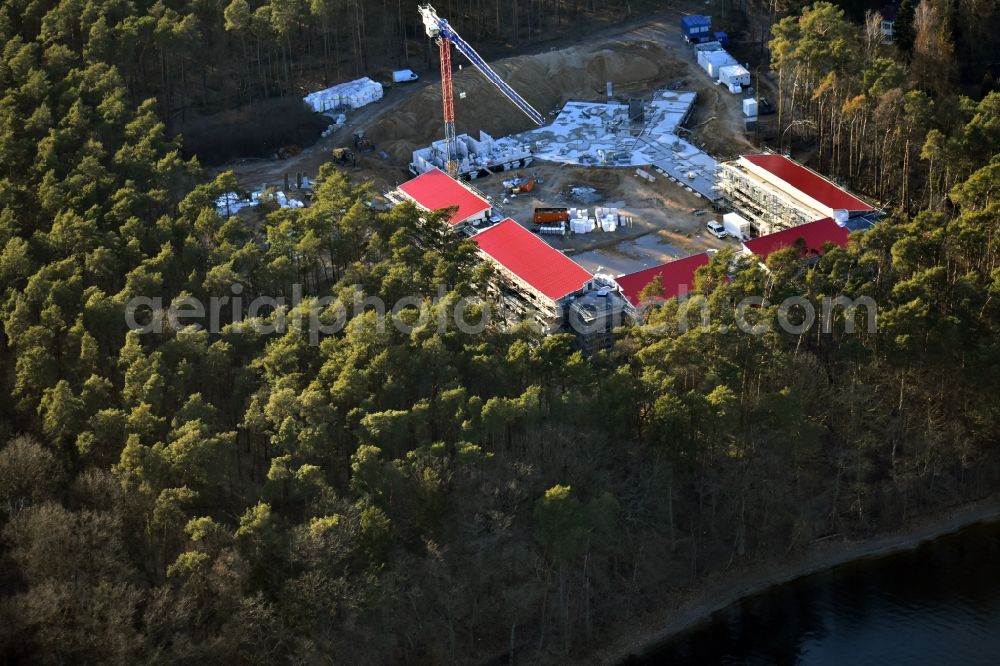 Strausberg from the bird's eye view: New construction site for a rehabilitation center of the rehabilitation clinic on Umgehungsstrasse - Amselweg in Strausberg in the state Brandenburg, Germany