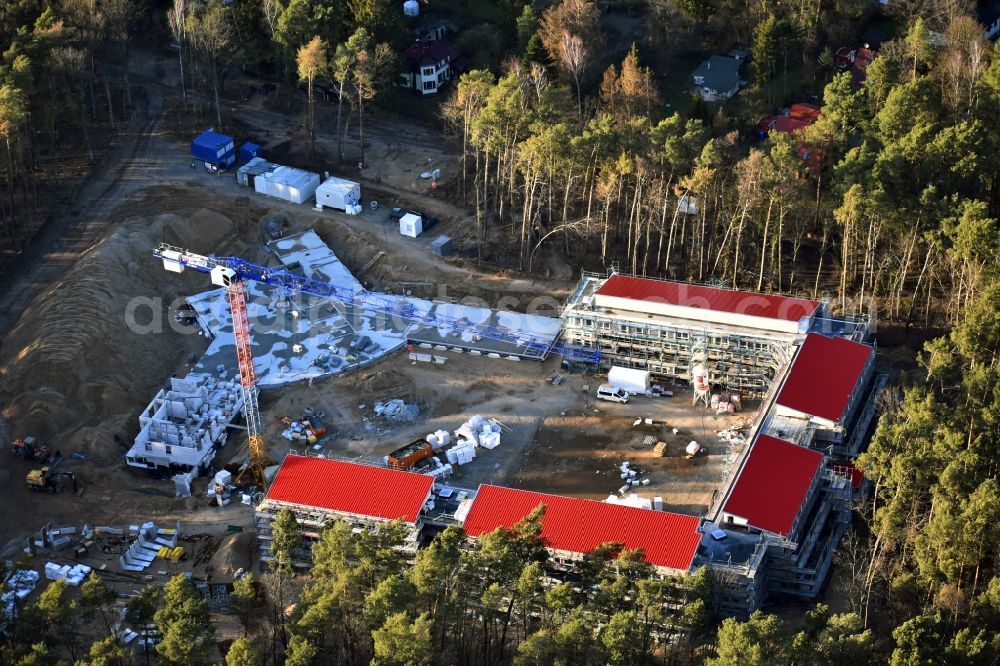 Strausberg from the bird's eye view: New construction site for a rehabilitation center of the rehabilitation clinic on Umgehungsstrasse - Amselweg in Strausberg in the state Brandenburg, Germany