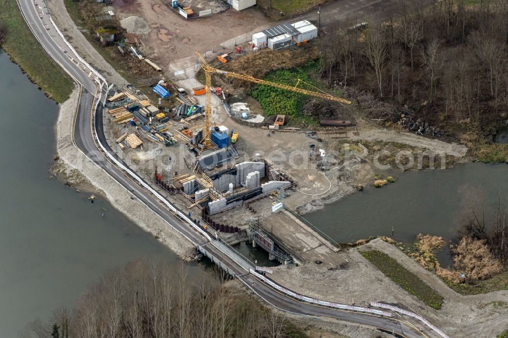 Schwanau from the bird's eye view: New construction of a flood - retention basin and protective dam construction on L100 bei Nonnenweier in Schwanau in the state Baden-Wuerttemberg, Germany