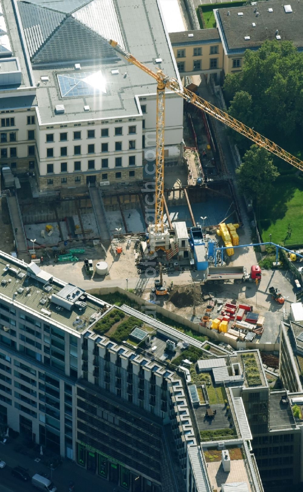 Berlin from the bird's eye view: New construction site Administrative buildings of the state authority of Bunofrat on Leipziger Platz in the district Mitte in Berlin, Germany