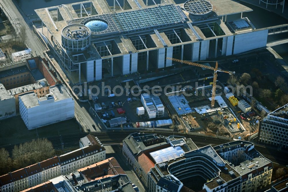 Aerial photograph Berlin - New construction site Administrative buildings of the state authority of Bundestag with the office space between Adele-Schreiber-Krieger-Strasse and Margarete-Steffin-Strasse in Berlin, Germany