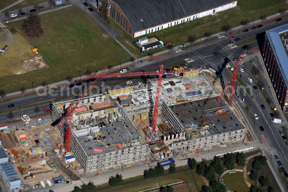 Berlin from above - New construction site Administrative buildings of the state authority Landeslabor Berlin-Brandenburg (LLBB) nach Entwuerfen der kister scheithauer gross architekten und stadtplaner GmbH on Rudower Chaussee corner Wegedornstrasse in the district Adlershof in Berlin