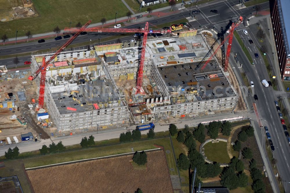 Berlin from the bird's eye view: New construction site Administrative buildings of the state authority Landeslabor Berlin-Brandenburg (LLBB) nach Entwuerfen der kister scheithauer gross architekten und stadtplaner GmbH on Rudower Chaussee corner Wegedornstrasse in the district Adlershof in Berlin