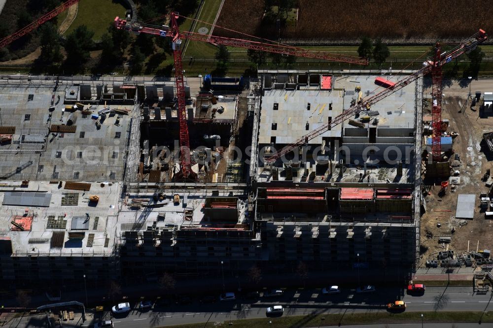 Berlin from the bird's eye view: New construction site Administrative buildings of the state authority Landeslabor Berlin-Brandenburg (LLBB) nach Entwuerfen der kister scheithauer gross architekten und stadtplaner GmbH on Rudower Chaussee corner Wegedornstrasse in the district Adlershof in Berlin