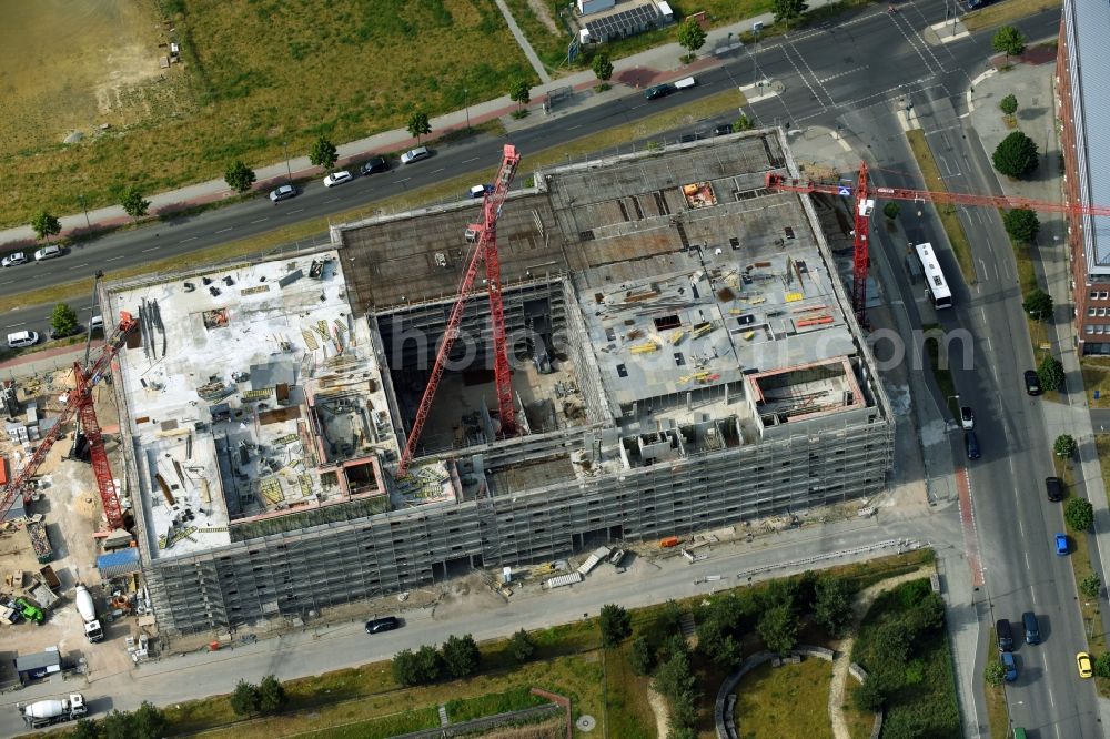 Berlin from the bird's eye view: New construction site Administrative buildings of the state authority Landeslabor Berlin-Brandenburg (LLBB) nach Entwuerfen der kister scheithauer gross architekten und stadtplaner GmbH on Rudower Chaussee corner Wegedornstrasse in the district Adlershof in Berlin