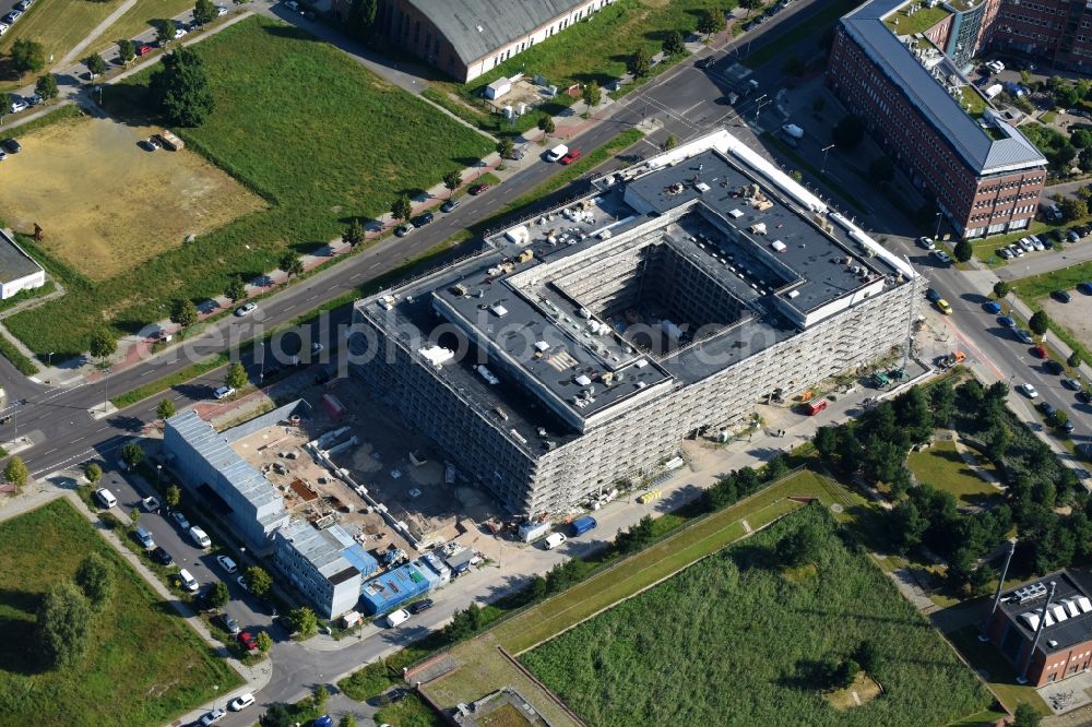 Berlin from the bird's eye view: New construction site Administrative buildings of the state authority Landeslabor Berlin-Brandenburg (LLBB) nach Entwuerfen der kister scheithauer gross architekten und stadtplaner GmbH on Rudower Chaussee corner Wegedornstrasse in the district Adlershof in Berlin