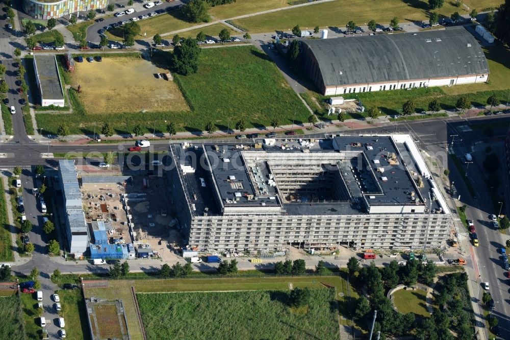 Aerial image Berlin - New construction site Administrative buildings of the state authority Landeslabor Berlin-Brandenburg (LLBB) nach Entwuerfen der kister scheithauer gross architekten und stadtplaner GmbH on Rudower Chaussee corner Wegedornstrasse in the district Adlershof in Berlin