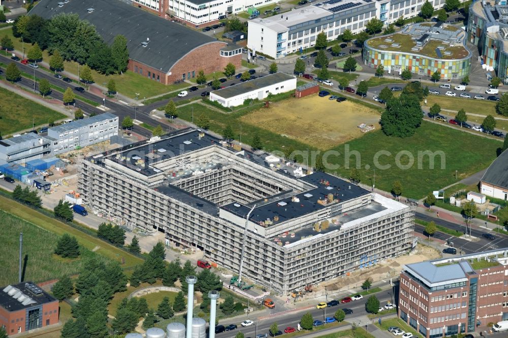 Berlin from above - New construction site Administrative buildings of the state authority Landeslabor Berlin-Brandenburg (LLBB) nach Entwuerfen der kister scheithauer gross architekten und stadtplaner GmbH on Rudower Chaussee corner Wegedornstrasse in the district Adlershof in Berlin