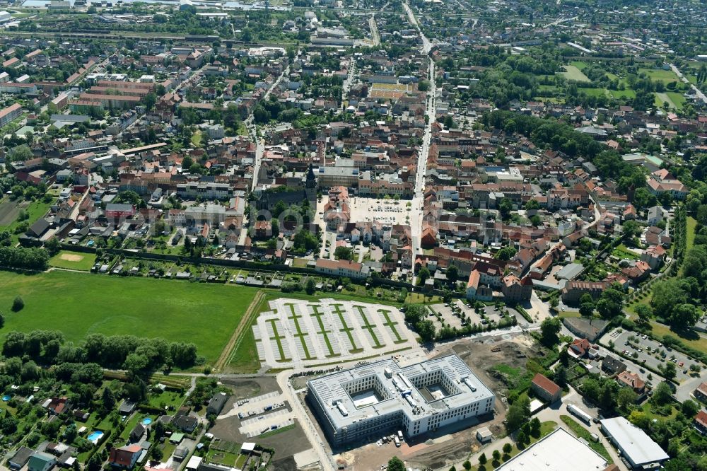 Haldensleben from the bird's eye view: New building building site administrative building of the state authority of the District Office of the city of Haldensleben in the federal state Saxony-Anhalt, Germany