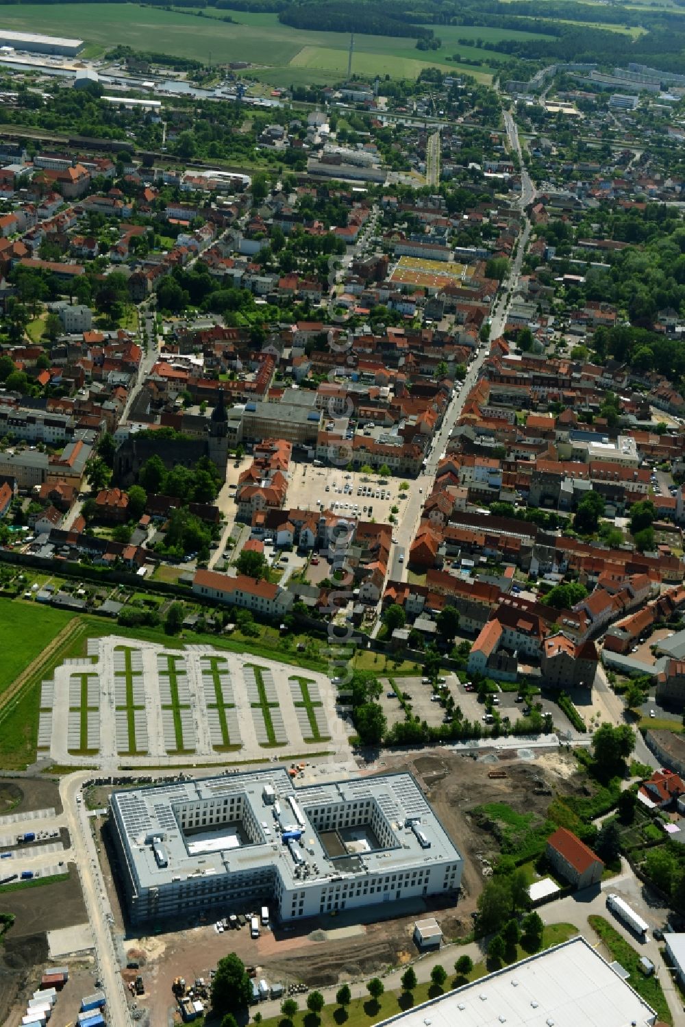 Aerial image Haldensleben - New building building site administrative building of the state authority of the District Office of the city of Haldensleben in the federal state Saxony-Anhalt, Germany