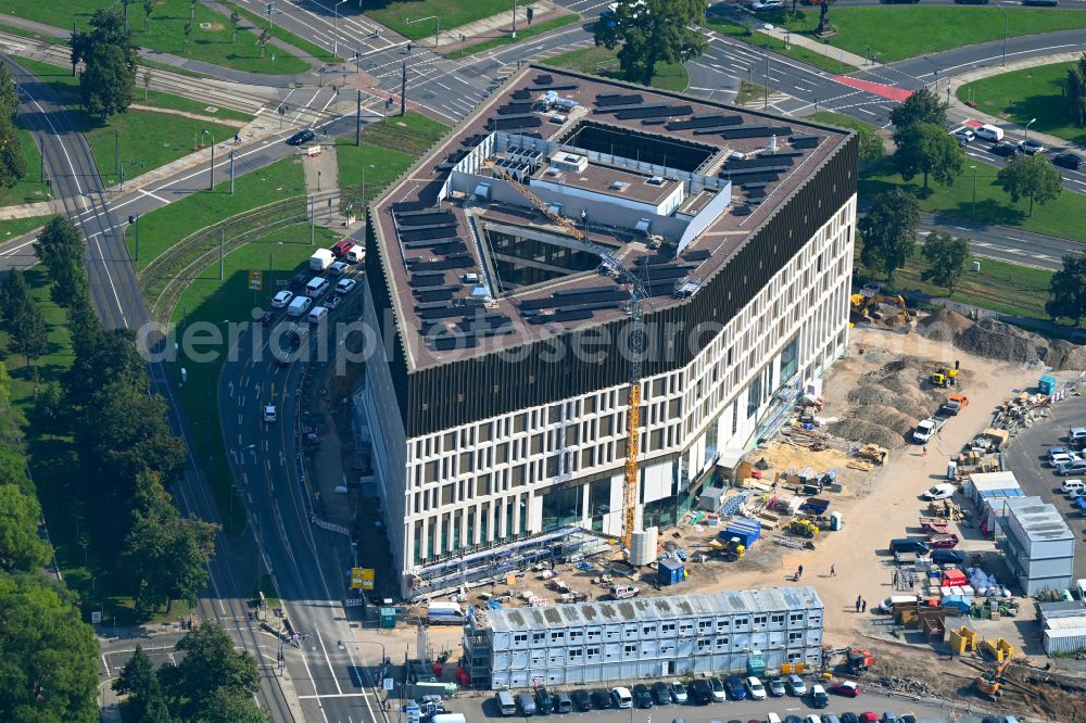 Dresden from the bird's eye view: New construction site Administrative buildings of the state authority Verwaltungszentrum on Ferdinandplatz on street Viktoriastrasse in Dresden in the state Saxony, Germany