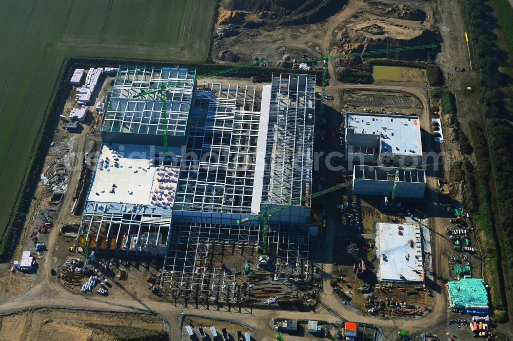 Leipzig from above - New building - construction site on the factory premises of Beiersdorf AG on Maximilianallee and Podelwitzer Strasse in Seehausen in the state Saxony, Germany