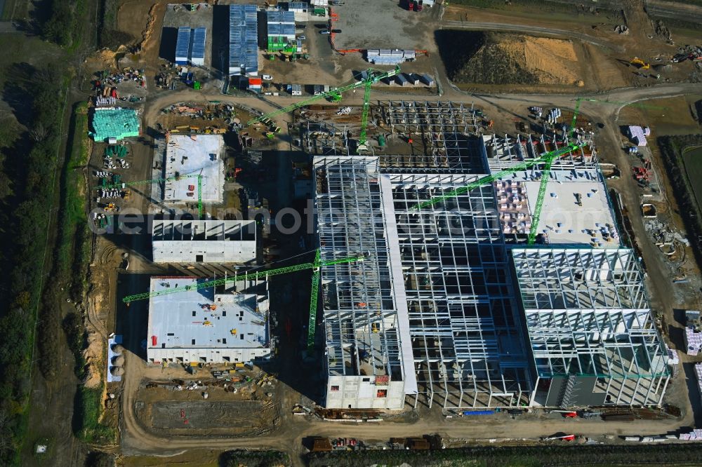 Leipzig from above - New building - construction site on the factory premises of Beiersdorf AG on Maximilianallee and Podelwitzer Strasse in Seehausen in the state Saxony, Germany