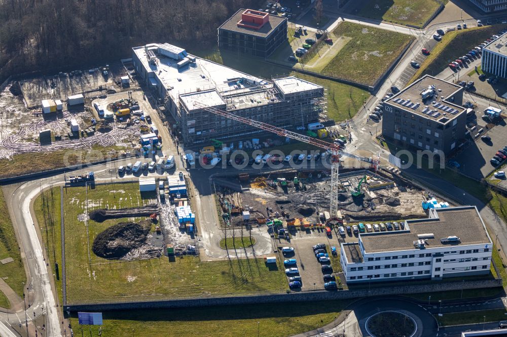 Aerial photograph Bochum - New building - construction site on the factory premises der gb Implantat-Technologie GmbH in the district Querenburg in Bochum at Ruhrgebiet in the state North Rhine-Westphalia, Germany