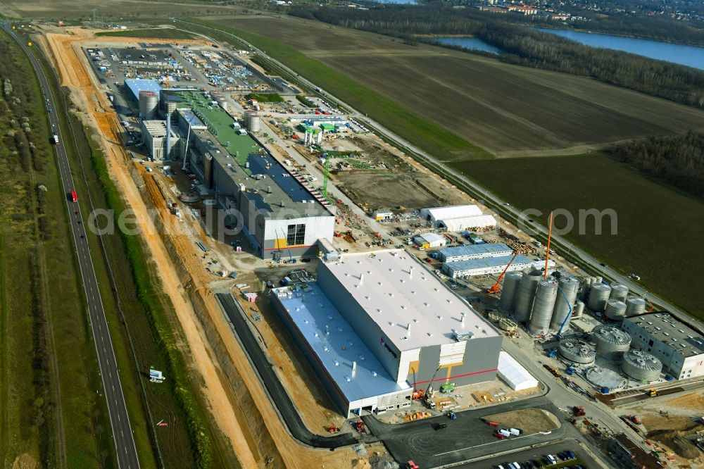 Sandersdorf from the bird's eye view: New building - construction site on the paper factory premises of Progroup AG in Sandersdorf in the state Saxony-Anhalt, Germany