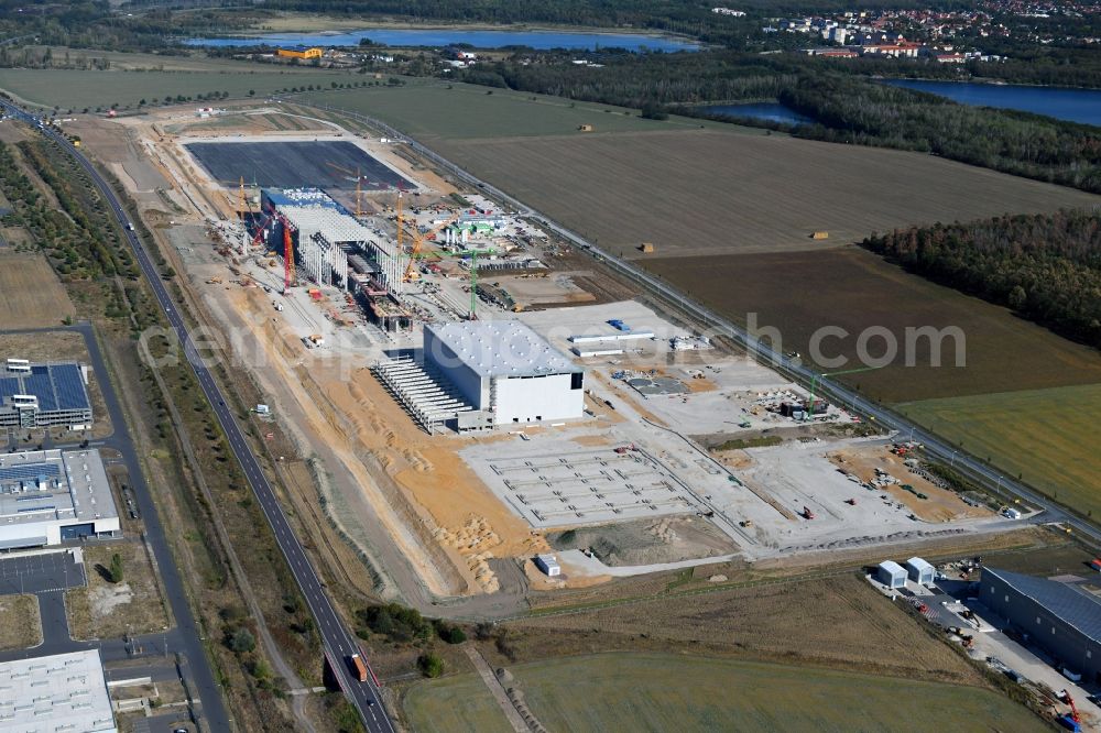 Sandersdorf from the bird's eye view: New building - construction site on the paper factory premises of Progroup AG in Sandersdorf in the state Saxony-Anhalt, Germany