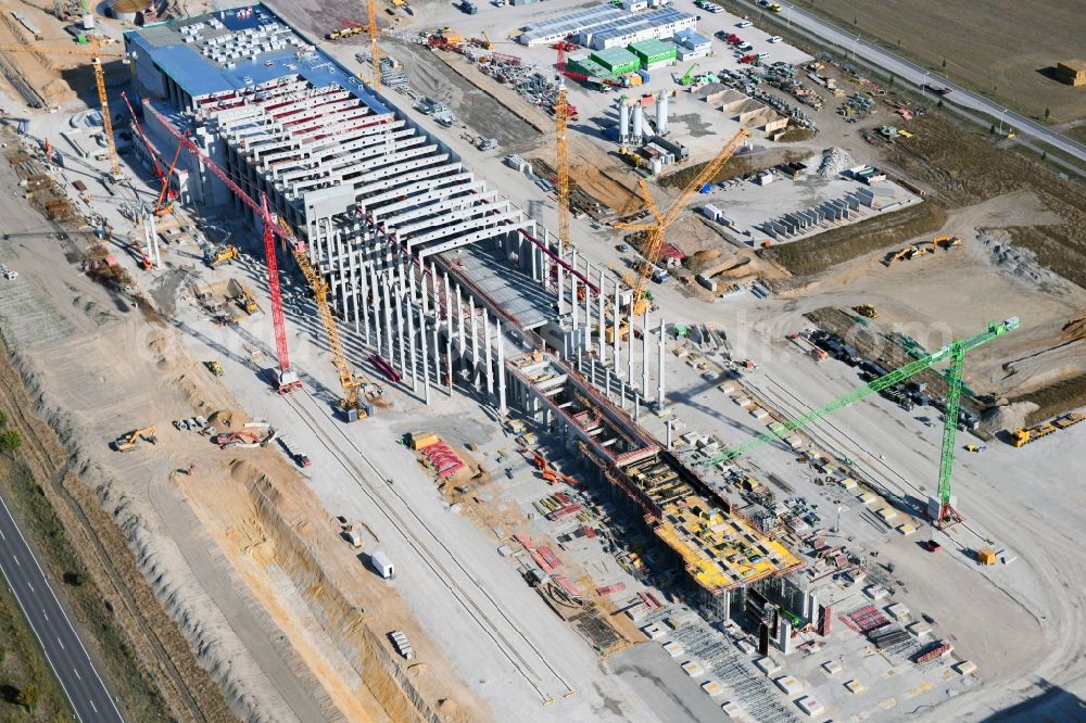 Sandersdorf from the bird's eye view: New building - construction site on the paper factory premises of Progroup AG in Sandersdorf in the state Saxony-Anhalt, Germany