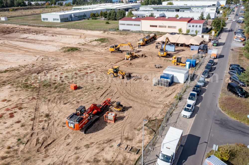 Eberswalde from the bird's eye view: New building - construction site on the factory premises timpla by Renggli in Eberswalde in the state Brandenburg, Germany