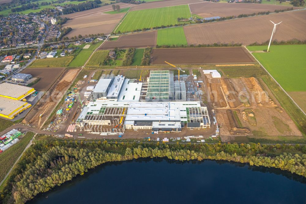 Weeze from above - New construction site for the construction of buildings and production halls on the factory premises for the production of heavy corrugated cardboard on the street Am Sandthof in the district of Goch in Weeze in the federal state of North Rhine-Westphalia, Germany